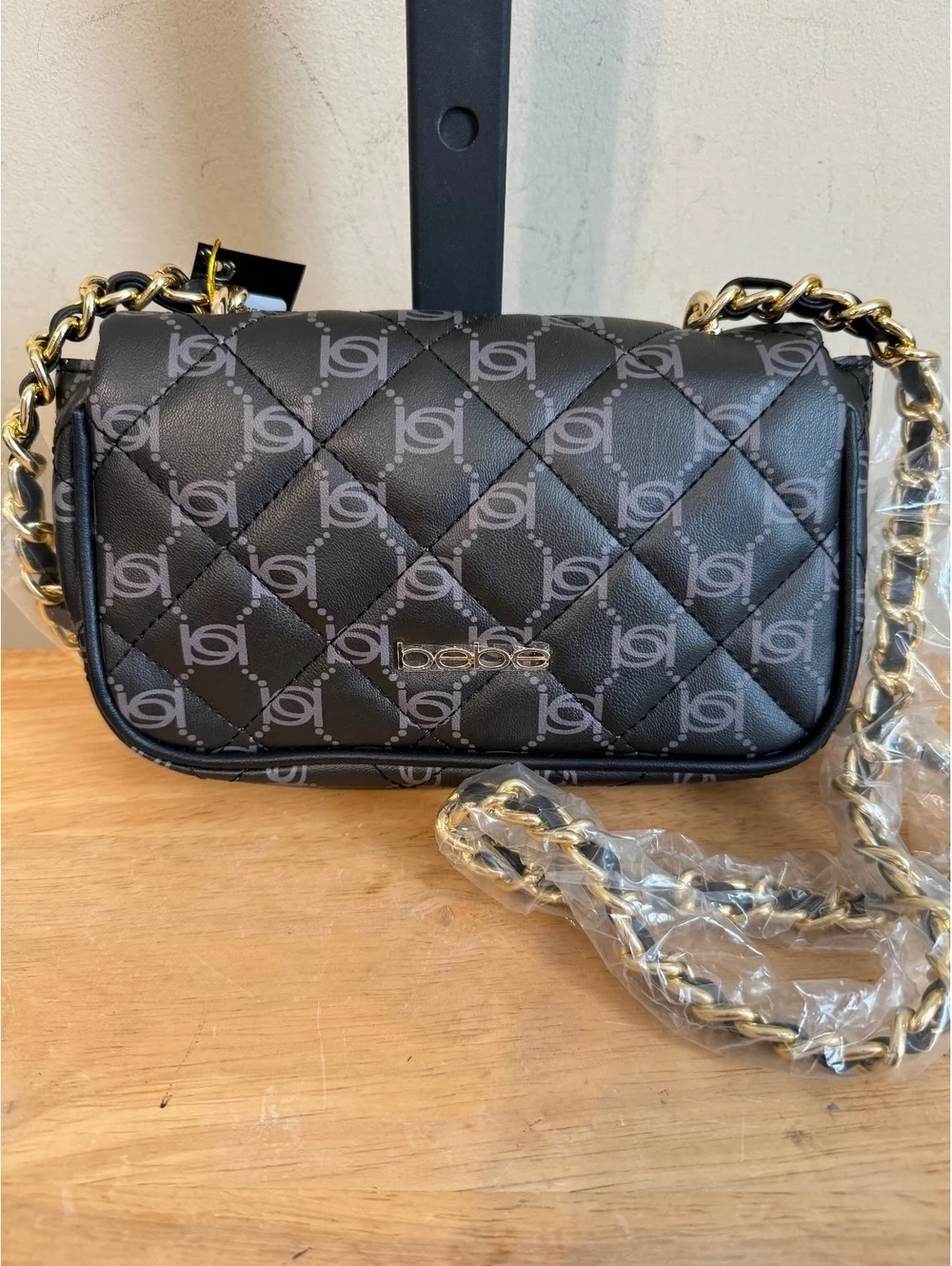 Bebe Quilted Logo Crossbody Bag with Gold Chain Strap